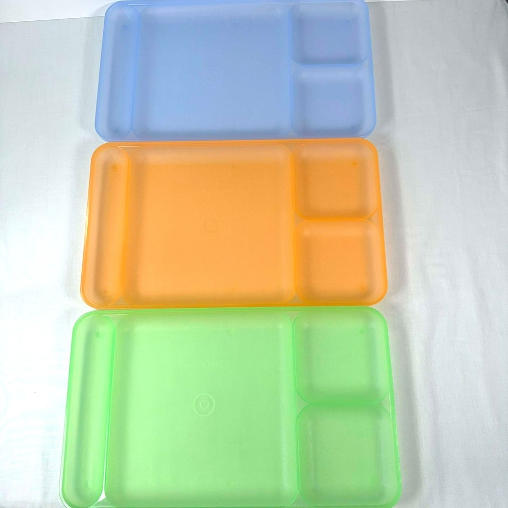 Vintage Tupperware 1535 Divided Cafeteria Picnic Trays Set of 3 Blue Orange Gree